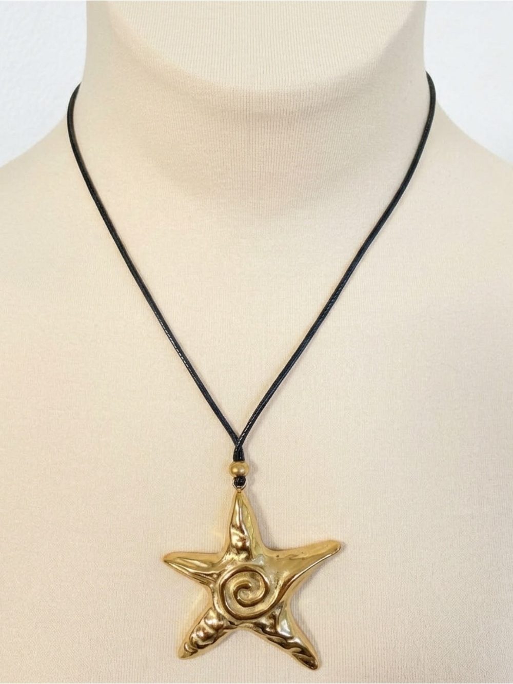 Golden Starfish Pendant Necklace - Black Cord